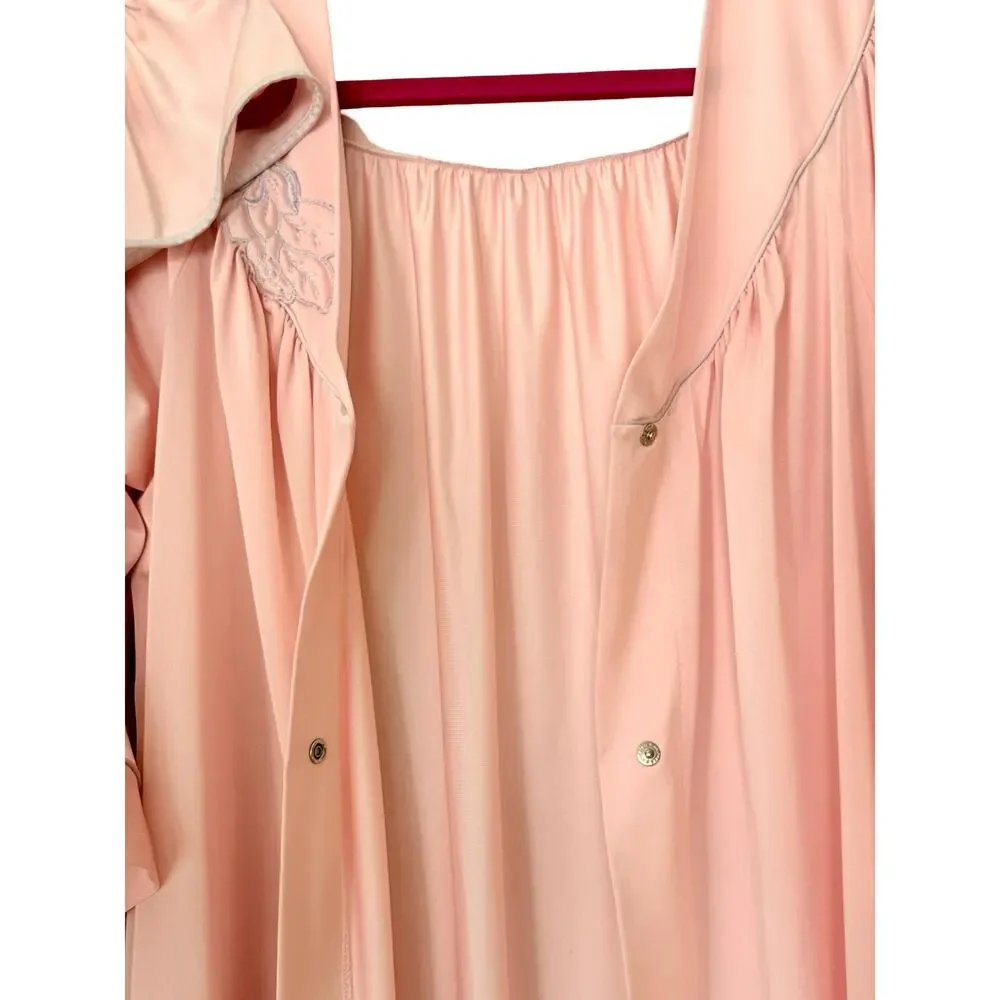 Vintage Shadowline Peignoir Set Small Pink Nylon Floral Appliqué Nightgown Robe